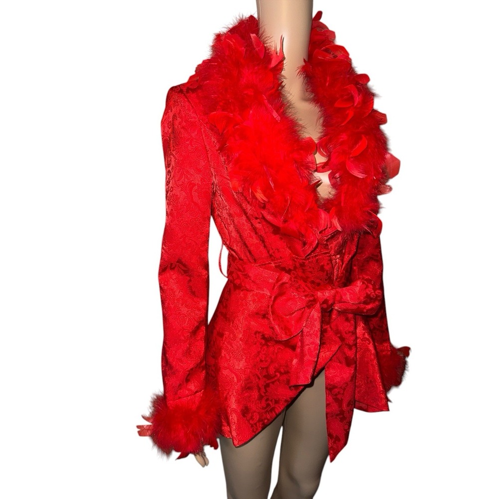 New Dolls Kill Sugar Thrillz Spicy Crushes Brocade Coat Red Feather Trim‎ Dancer - Picture 3 of 16